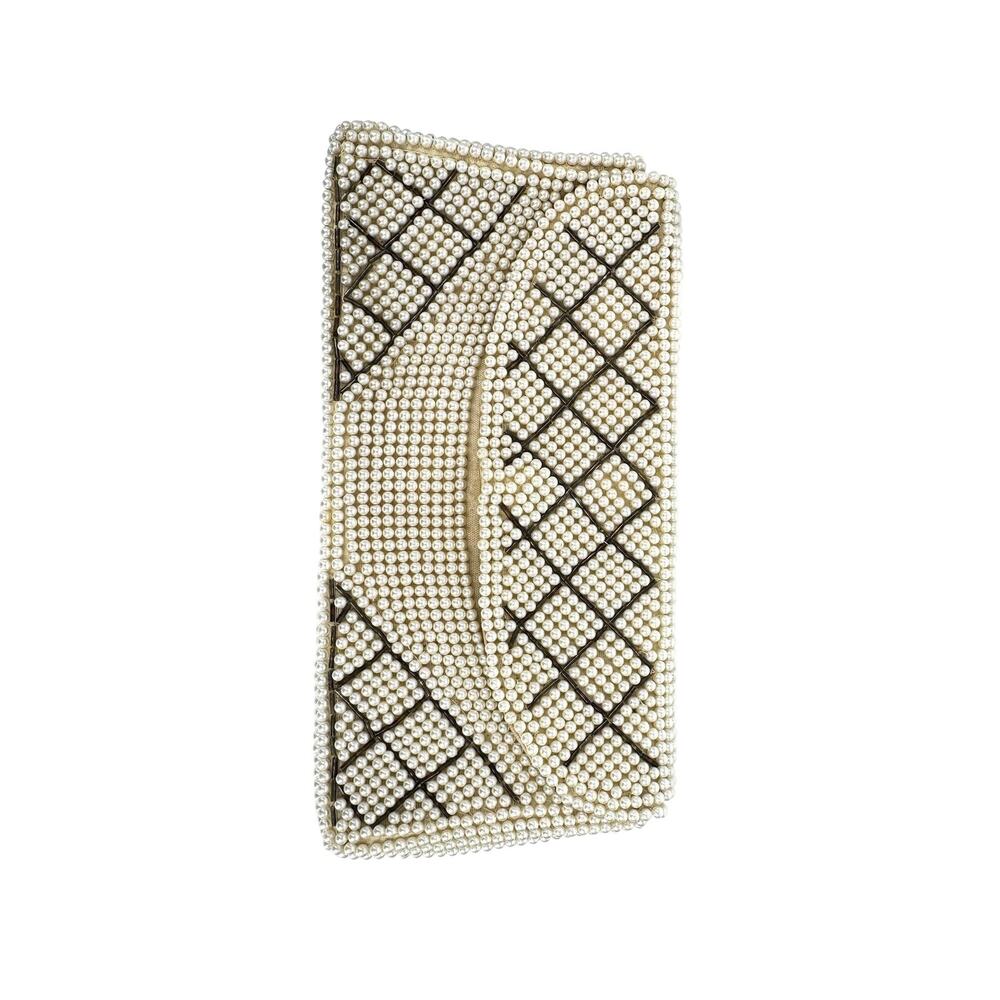 Antique White Faux Pearl Beaded Fold Over Clutch Handbag Geometric Deco